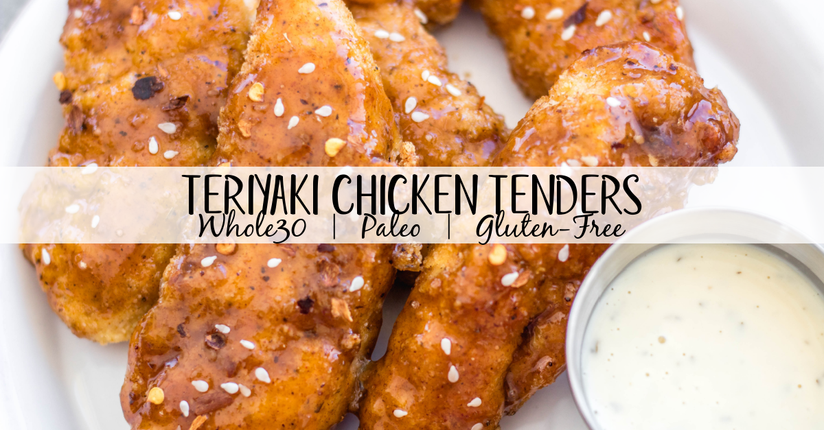 These oven baked teriyaki chicken tenders are easy to make, full of flavor and a family friendly dinner recipe everyone will enjoy. They're breaded in a paleo, Whole30 and gluten-free coating, baked and tossed in a sticky, delicious soy-free teriyaki sauce. These tenders are great on their own dipped into your favorite sauce, or over a big salad, and perfect for a quick weeknight meal. #whole30chicken #whole30teriyakichicken #teriyakichickentenders #paleochicken #glutenfreechicken #whole30chickentenders