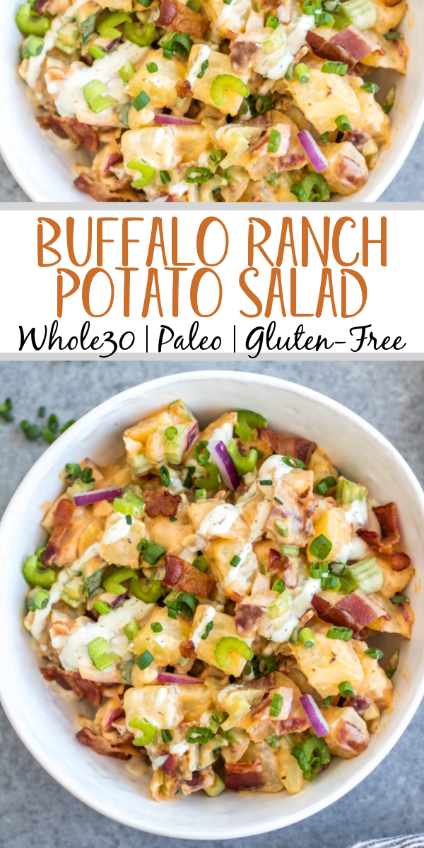 This Whole30 buffalo ranch potato salad recipe is a healthy, easy side dish or vegetable recipe that's a perfect addition to any meal or gathering. It's full of flavor from the sauces, bacon, golden potatoes, onion and celery, while being dairy-free, gluten-free and Paleo. It's a family friendly recipe that is also great for meal prep to pair with a protein and eat all week long. #whole30potato #buffalo #ranchrecipes #whole30potatosalad #bacon #whole30vegetablerecipes