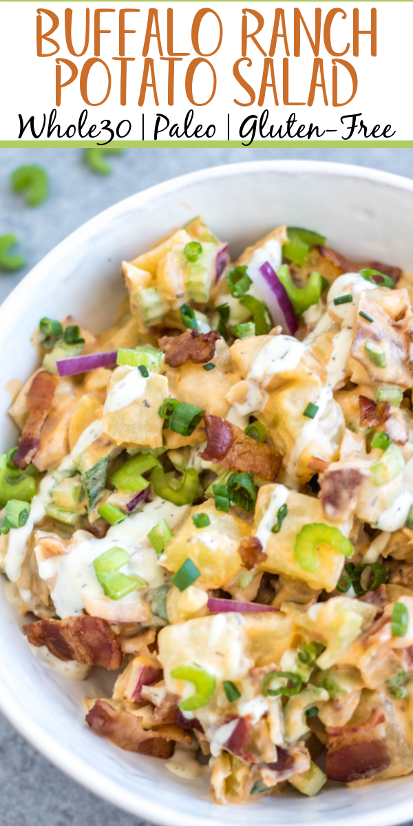 This Whole30 buffalo ranch potato salad recipe is a healthy, easy side dish or vegetable recipe that's a perfect addition to any meal or gathering. It's full of flavor from the sauces, bacon, golden potatoes, onion and celery, while being dairy-free, gluten-free and Paleo. It's a family friendly recipe that is also great for meal prep to pair with a protein and eat all week long. #whole30potato #buffalo #ranchrecipes #whole30potatosalad #bacon #whole30vegetablerecipes