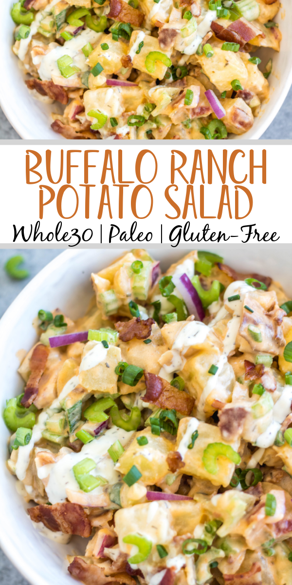 This Whole30 buffalo ranch potato salad recipe is a healthy, easy side dish or vegetable recipe that's a perfect addition to any meal or gathering. It's full of flavor from the sauces, bacon, golden potatoes, onion and celery, while being dairy-free, gluten-free and Paleo. It's a family friendly recipe that is also great for meal prep to pair with a protein and eat all week long. #whole30potato #buffalo #ranchrecipes #whole30potatosalad #bacon #whole30vegetablerecipes