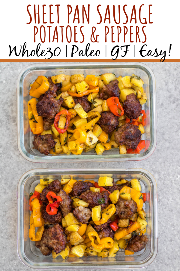 This easy sheet pan sausage breakfast recipe is a healthy meal prep recipe that's only 5 ingredients! The breakfast sausage is paired with seasoned potatoes and peppers all on one pan, put into the oven and ready to go with very little hands-on time. It's also great for a weeknight dinner for a simple vegetable and protein meal. This is a quick Whole30, paleo, gluten-free and egg-free breakfast recipe the whole family will enjoy! #whole30breakfast #whole30sheetpan #sheetpanbreakfast #glutenfree #eggfree #paleobreakfast