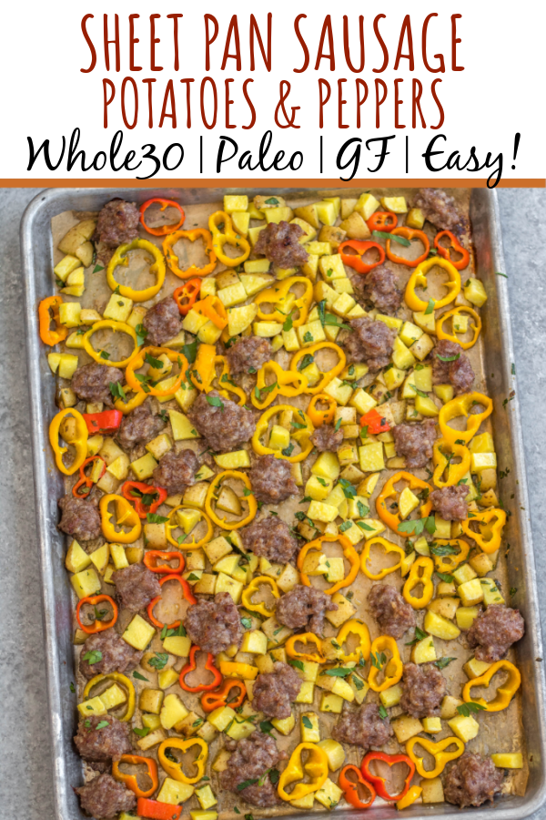 This easy sheet pan sausage breakfast recipe is a healthy meal prep recipe that's only 5 ingredients! The breakfast sausage is paired with seasoned potatoes and peppers all on one pan, put into the oven and ready to go with very little hands-on time. It's also great for a weeknight dinner for a simple vegetable and protein meal. This is a quick Whole30, paleo, gluten-free and egg-free breakfast recipe the whole family will enjoy! #whole30breakfast #whole30sheetpan #sheetpanbreakfast #glutenfree #eggfree #paleobreakfast