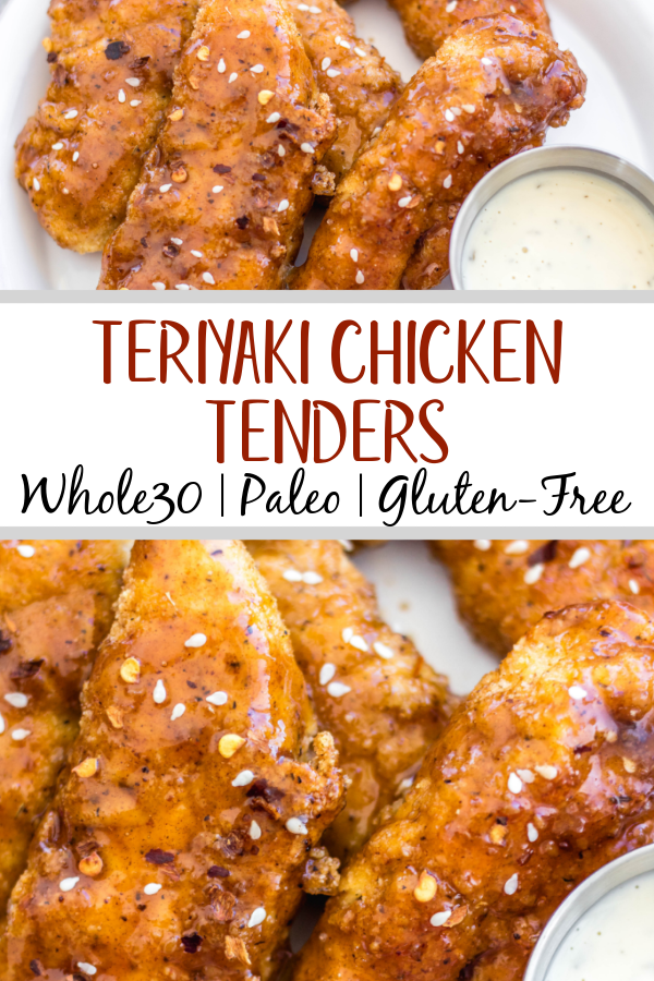 These oven baked teriyaki chicken tenders are easy to make, full of flavor and a family friendly dinner recipe everyone will enjoy. They're breaded in a paleo, Whole30 and gluten-free coating, baked and tossed in a sticky, delicious soy-free teriyaki sauce. These tenders are great on their own dipped into your favorite sauce, or over a big salad, and perfect for a quick weeknight meal. #whole30chicken #whole30teriyakichicken #teriyakichickentenders #paleochicken #glutenfreechicken #whole30chickentenders