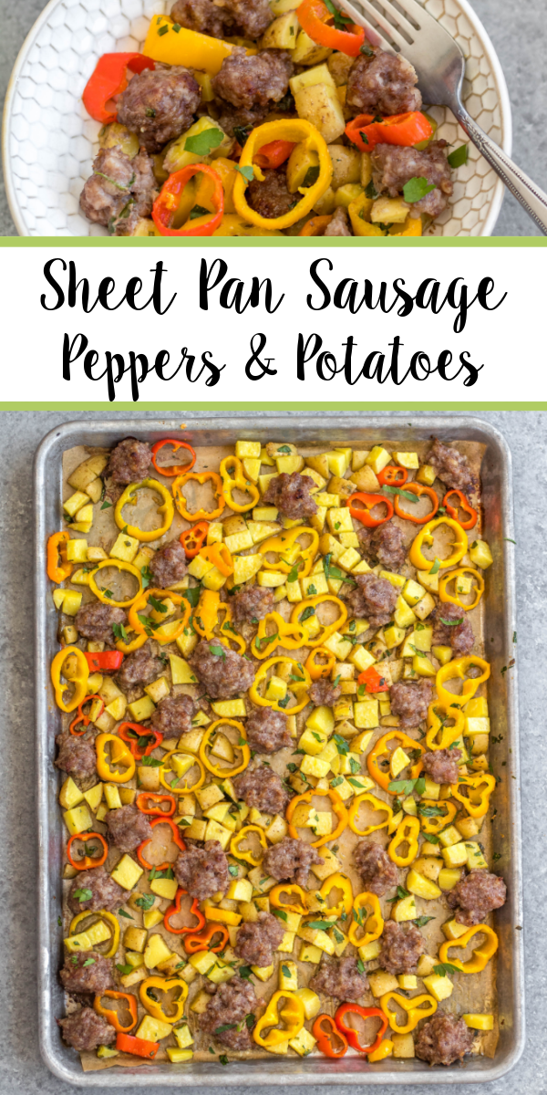 This easy sheet pan sausage breakfast recipe is a healthy meal prep recipe that's only 5 ingredients! The breakfast sausage is paired with seasoned potatoes and peppers all on one pan, put into the oven and ready to go with very little hands-on time. It's also great for a weeknight dinner for a simple vegetable and protein meal. This is a quick Whole30, paleo, gluten-free and egg-free breakfast recipe the whole family will enjoy! #whole30breakfast #whole30sheetpan #sheetpanbreakfast #glutenfree #eggfree #paleobreakfast