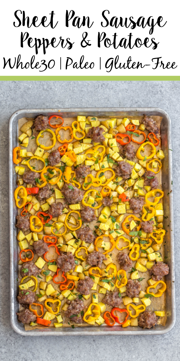 This easy sheet pan sausage breakfast recipe is a healthy meal prep recipe that's only 5 ingredients! The breakfast sausage is paired with seasoned potatoes and peppers all on one pan, put into the oven and ready to go with very little hands-on time. It's also great for a weeknight dinner for a simple vegetable and protein meal. This is a quick Whole30, paleo, gluten-free and egg-free breakfast recipe the whole family will enjoy! #whole30breakfast #whole30sheetpan #sheetpanbreakfast #glutenfree #eggfree #paleobreakfast