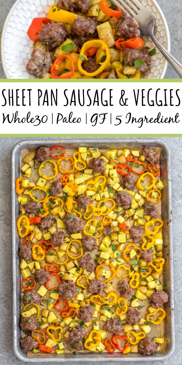 This easy sheet pan sausage breakfast recipe is a healthy meal prep recipe that's only 5 ingredients! The breakfast sausage is paired with seasoned potatoes and peppers all on one pan, put into the oven and ready to go with very little hands-on time. It's also great for a weeknight dinner for a simple vegetable and protein meal. This is a quick Whole30, paleo, gluten-free and egg-free breakfast recipe the whole family will enjoy! #whole30breakfast #whole30sheetpan #sheetpanbreakfast #glutenfree #eggfree #paleobreakfast