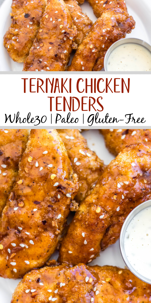 These oven baked teriyaki chicken tenders are easy to make, full of flavor and a family friendly dinner recipe everyone will enjoy. They're breaded in a paleo, Whole30 and gluten-free coating, baked and tossed in a sticky, delicious soy-free teriyaki sauce. These tenders are great on their own dipped into your favorite sauce, or over a big salad, and perfect for a quick weeknight meal. #whole30chicken #whole30teriyakichicken #teriyakichickentenders #paleochicken #glutenfreechicken #whole30chickentenders