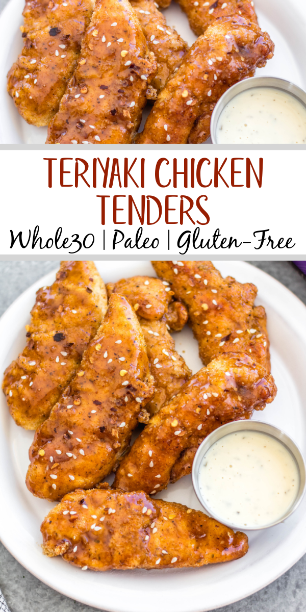 These oven baked teriyaki chicken tenders are easy to make, full of flavor and a family friendly dinner recipe everyone will enjoy. They're breaded in a paleo, Whole30 and gluten-free coating, baked and tossed in a sticky, delicious soy-free teriyaki sauce. These tenders are great on their own dipped into your favorite sauce, or over a big salad, and perfect for a quick weeknight meal. #whole30chicken #whole30teriyakichicken #teriyakichickentenders #paleochicken #glutenfreechicken #whole30chickentenders