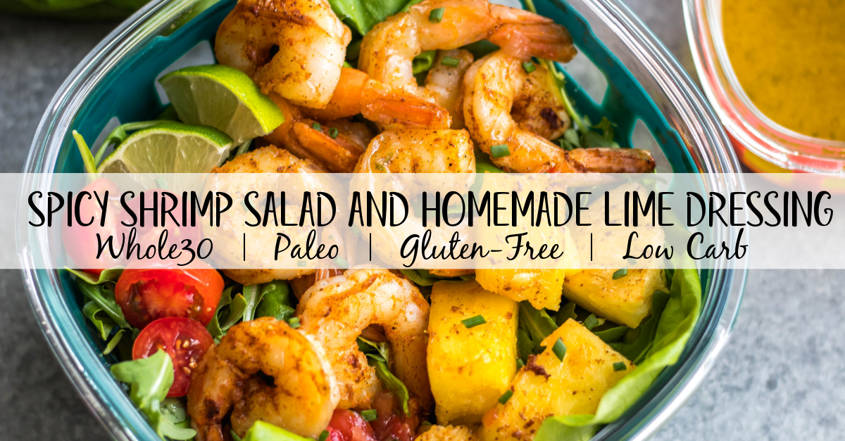 This spicy shrimp salad with homemade lime dressing is great for a healthy lunch meal prep or simple dinner. The shrimp cooks quickly and the dressing only takes a few minutes to prepare, so it all comes together in under 30 minutes. It’s also all Whole30, paleo, low carb and paleo, while being full of flavor and super easy! #whole30shrimp #whole30salad #shrimpsalad #paleoshrimp #shrimprecipes