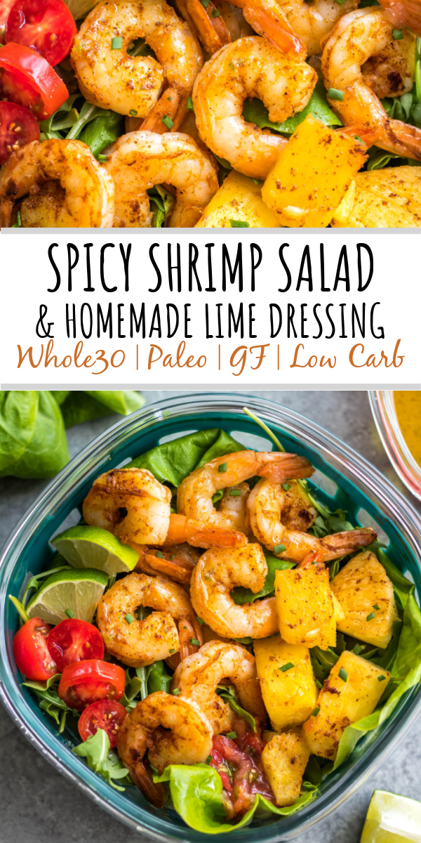 This spicy shrimp salad with homemade lime dressing is great for a healthy lunch meal prep or simple dinner. The shrimp cooks quickly and the dressing only takes a few minutes to prepare, so it all comes together in under 30 minutes. It’s also all Whole30, paleo, low carb and paleo, while being full of flavor and super easy! #whole30shrimp #whole30salad #shrimpsalad #paleoshrimp #shrimprecipes