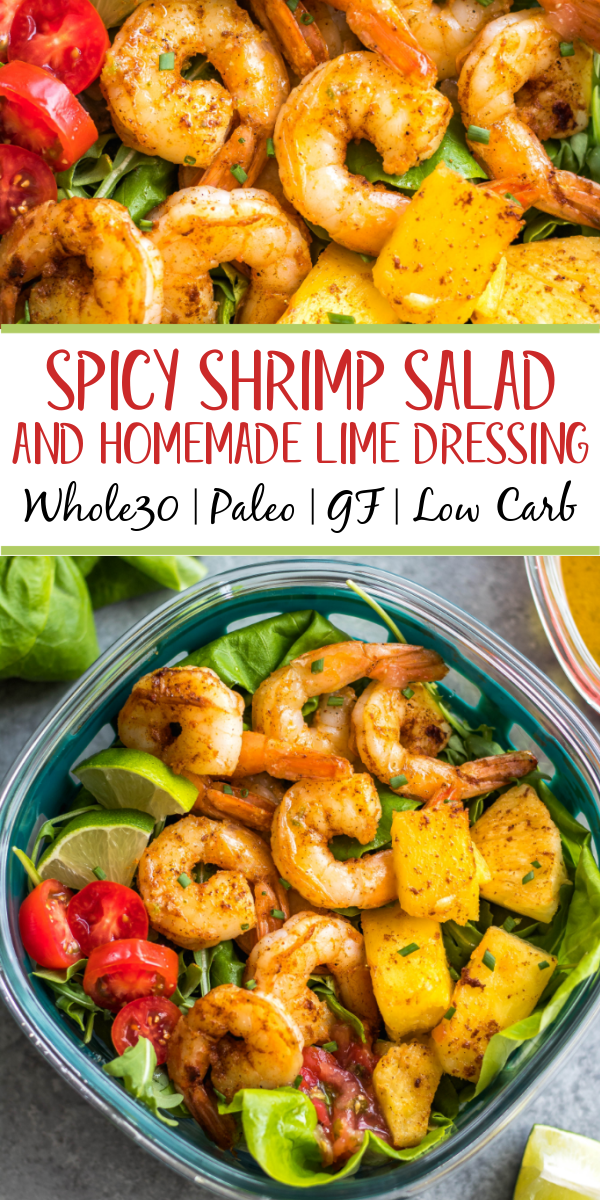 This spicy shrimp salad with homemade lime dressing is great for a healthy lunch meal prep or simple dinner. The shrimp cooks quickly and the dressing only takes a few minutes to prepare, so it all comes together in under 30 minutes. It’s also all Whole30, paleo, low carb and paleo, while being full of flavor and super easy! #whole30shrimp #whole30salad #shrimpsalad #paleoshrimp #shrimprecipes