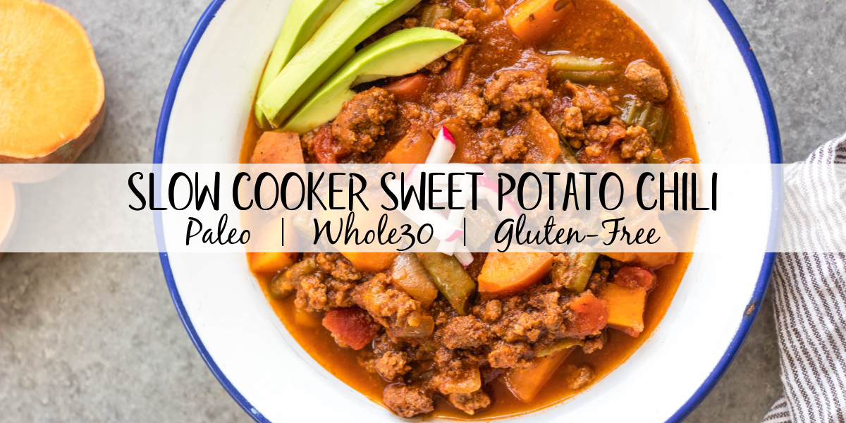 This easy slow cooker sweet potato chili is a meal prep dream! It takes under 30 minutes to throw together in a crock pot, is filling, healthy and reheats great for meals throughout the week. With vegetables like sweet potatoes, green beans, onion, and celery, canned items, and delicious chili spices, this Whole30 chili doesn't disappoint while being budget friendly. It's also paleo, gluten-free and dairy-free! #whole30chili #whole30sweetpotatorecipes #paleochili #whole30slowcooker #slowcookerchili