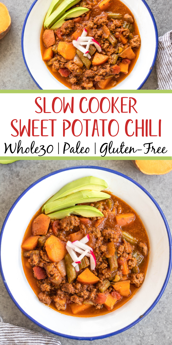 This easy slow cooker sweet potato chili is a meal prep dream! It takes under 30 minutes to throw together in a crock pot, is filling, healthy and reheats great for meals throughout the week. With vegetables like sweet potatoes, green beans, onion, and celery, canned items, and delicious chili spices, this Whole30 chili doesn't disappoint while being budget friendly. It's also paleo, gluten-free and dairy-free! #whole30chili #whole30sweetpotatorecipes #paleochili #whole30slowcooker #slowcookerchili