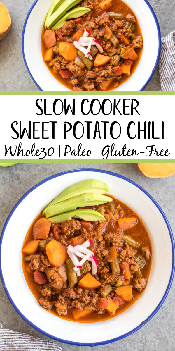 This easy slow cooker sweet potato chili is a meal prep dream! It takes under 30 minutes to throw together in a crock pot, is filling, healthy and reheats great for meals throughout the week. With vegetables like sweet potatoes, green beans, onion, and celery, canned items, and delicious chili spices, this Whole30 chili doesn't disappoint while being budget friendly. It's also paleo, gluten-free and dairy-free! #whole30chili #whole30sweetpotatorecipes #paleochili #whole30slowcooker #slowcookerchili