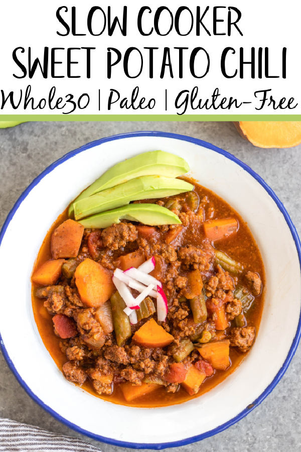 This easy slow cooker sweet potato chili is a meal prep dream! It takes under 30 minutes to throw together in a crock pot, is filling, healthy and reheats great for meals throughout the week. With vegetables like sweet potatoes, green beans, onion, and celery, canned items, and delicious chili spices, this Whole30 chili doesn't disappoint while being budget friendly. It's also paleo, gluten-free and dairy-free! #whole30chili #whole30sweetpotatorecipes #paleochili #whole30slowcooker #slowcookerchili