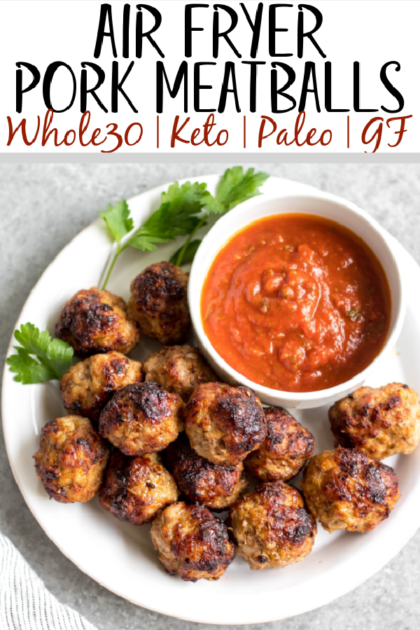 These easy ground pork meatballs are made in the air fryer, take under 20 minutes, and only need a few simple ingredients. No need to turn your oven on to get perfect, juicy and healthy meatballs! These air fryer meatballs are Whole30, paleo, keto (low carb), and gluten-free. They're ideal for a quick weeknight dinner, and work great for a meal prep recipe because they reheat so well, too! #airfryerrecipes #airfryermeatballs #whole30meatballs #porkrecipes #whole30 #keto