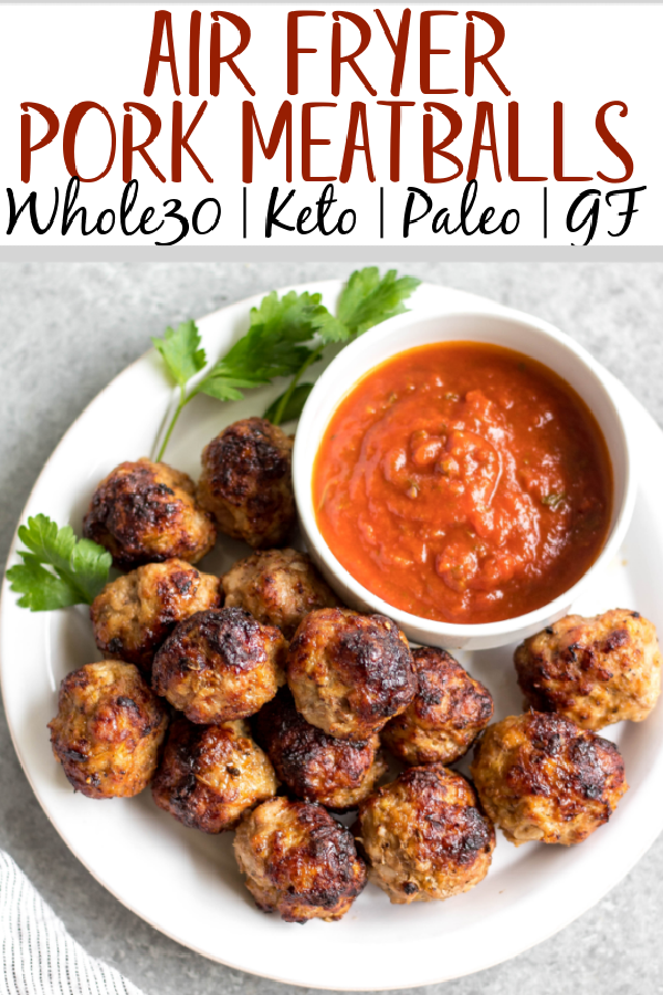 These easy ground pork meatballs are made in the air fryer, take under 20 minutes, and only need a few simple ingredients. No need to turn your oven on to get perfect, juicy and healthy meatballs! These air fryer meatballs are Whole30, paleo, keto (low carb), and gluten-free. They're ideal for a quick weeknight dinner, and work great for a meal prep recipe because they reheat so well, too! #airfryerrecipes #airfryermeatballs #whole30meatballs #porkrecipes #whole30 #keto