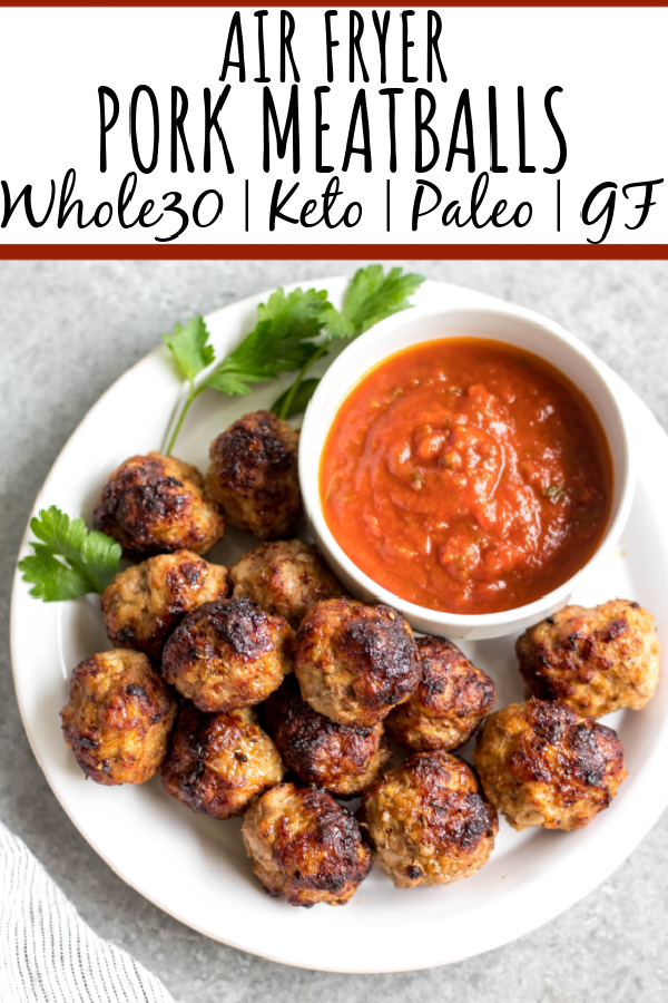 These easy ground pork meatballs are made in the air fryer, take under 20 minutes, and only need a few simple ingredients. No need to turn your oven on to get perfect, juicy and healthy meatballs! These air fryer meatballs are Whole30, paleo, keto (low carb), and gluten-free. They're ideal for a quick weeknight dinner, and work great for a meal prep recipe because they reheat so well, too! #airfryerrecipes #airfryermeatballs #whole30meatballs #porkrecipes #whole30 #keto