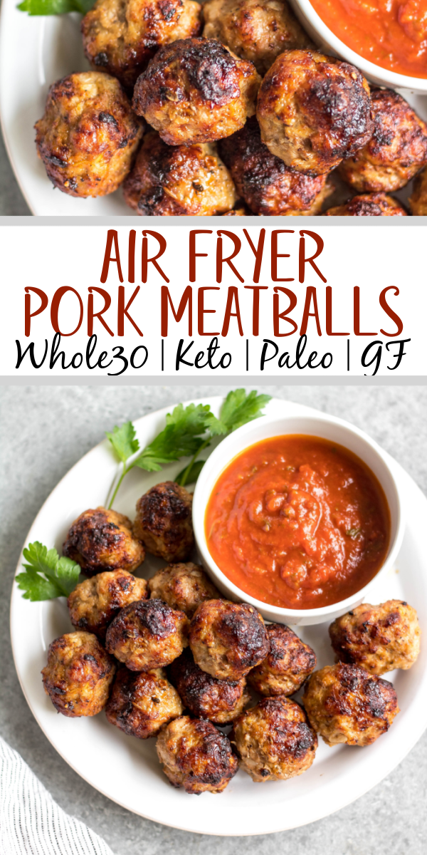 These easy ground pork meatballs are made in the air fryer, take under 20 minutes, and only need a few simple ingredients. No need to turn your oven on to get perfect, juicy and healthy meatballs! These air fryer meatballs are Whole30, paleo, keto (low carb), and gluten-free. They're ideal for a quick weeknight dinner, and work great for a meal prep recipe because they reheat so well, too! #airfryerrecipes #airfryermeatballs #whole30meatballs #porkrecipes #whole30 #keto