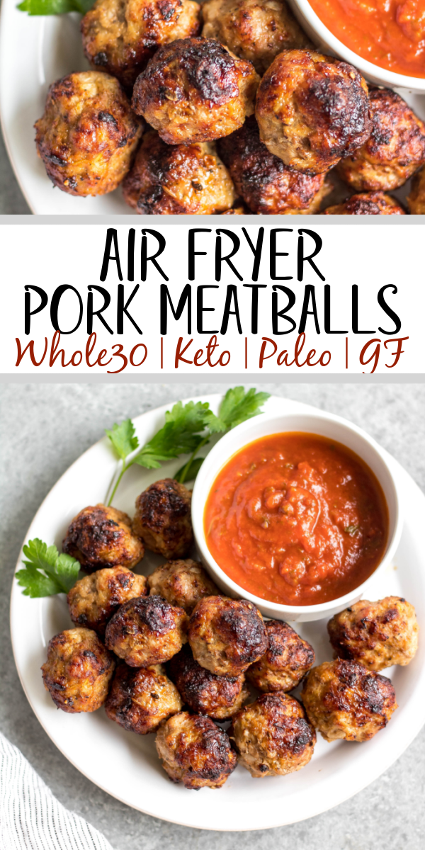 These easy ground pork meatballs are made in the air fryer, take under 20 minutes, and only need a few simple ingredients. No need to turn your oven on to get perfect, juicy and healthy meatballs! These air fryer meatballs are Whole30, paleo, keto (low carb), and gluten-free. They're ideal for a quick weeknight dinner, and work great for a meal prep recipe because they reheat so well, too! #airfryerrecipes #airfryermeatballs #whole30meatballs #porkrecipes #whole30 #keto