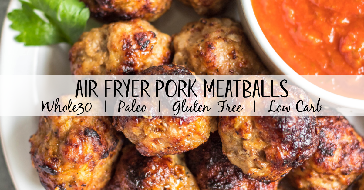 These easy ground pork meatballs are made in the air fryer, take under 20 minutes, and only need a few simple ingredients. No need to turn your oven on to get perfect, juicy and healthy meatballs! These air fryer meatballs are Whole30, paleo, keto (low carb), and gluten-free. They're ideal for a quick weeknight dinner, and work great for a meal prep recipe because they reheat so well, too! #airfryerrecipes #airfryermeatballs #whole30meatballs #porkrecipes #whole30 #keto