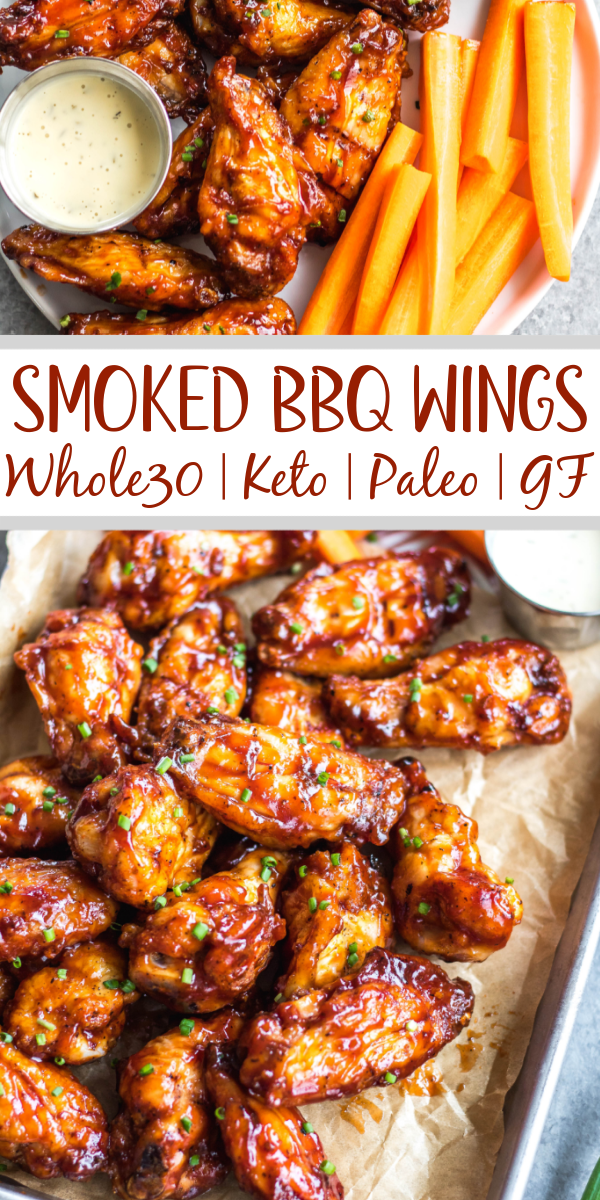 These smoked BBQ wings are easy, don't take very long, and totally delicious! They also only require a few ingredients, and are Whole30, Paleo, gluten-free and keto. Unlike meats when cooked on a smoker, wings are straightforward and not very fussy. These wings are perfectly juicy, have a great smoky flavor and great for any gathering! #whole30chickenwings #smokedchicken #paleochicken #ketochicken #ketosmokerrecipes