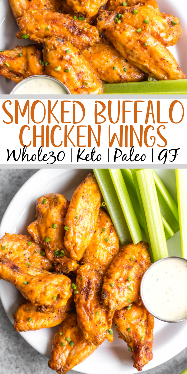 These Whole30 smoked buffalo wings are simple, easy to prepare, and always a crowd pleaser! These chicken wings require a few ingredients, and are not only Whole30, but also Paleo, gluten-free and low carb/keto. These wings are perfect for a healthy weeknight dinner, meal prep, or any gathering. Smoking wings is a straightforward process that anyone can master! #whole30chickenwings #whole30chicken #smoker #smokedwings #buffalowings #ketochicken