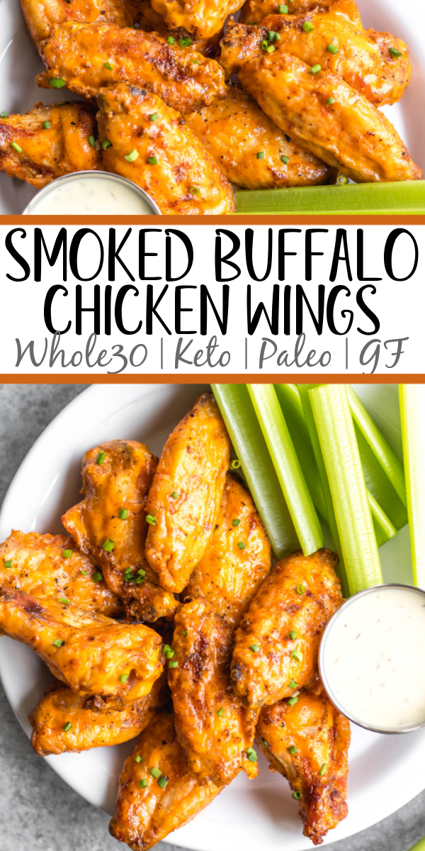 These Whole30 smoked buffalo wings are simple, easy to prepare, and always a crowd pleaser! These chicken wings require a few ingredients, and are not only Whole30, but also Paleo, gluten-free and low carb/keto. These wings are perfect for a healthy weeknight dinner, meal prep, or any gathering. Smoking wings is a straightforward process that anyone can master! #whole30chickenwings #whole30chicken #smoker #smokedwings #buffalowings #ketochicken