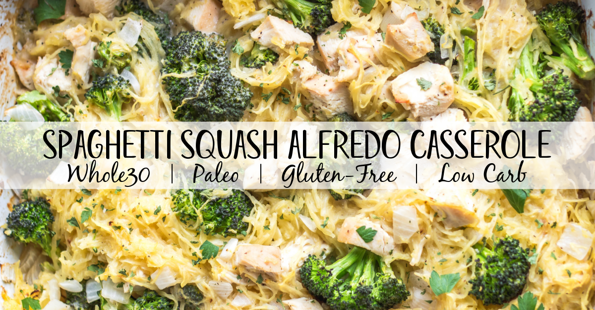 This simple chicken alfredo spaghetti squash casserole is filled with broccoli and onions, and perfect for meal prep or a weeknight chicken dinner recipe. It's Whole30, paleo, keto/low carb, gluten free and dairy free, all while being a delicious, hearty and vegetable-filled meal! It comes together very easily, and reheats well. #whole30chicken #whole30recipes #whole30casserole #lowcarbchicken #paleochicken #chickencasserole #spaghettisquash