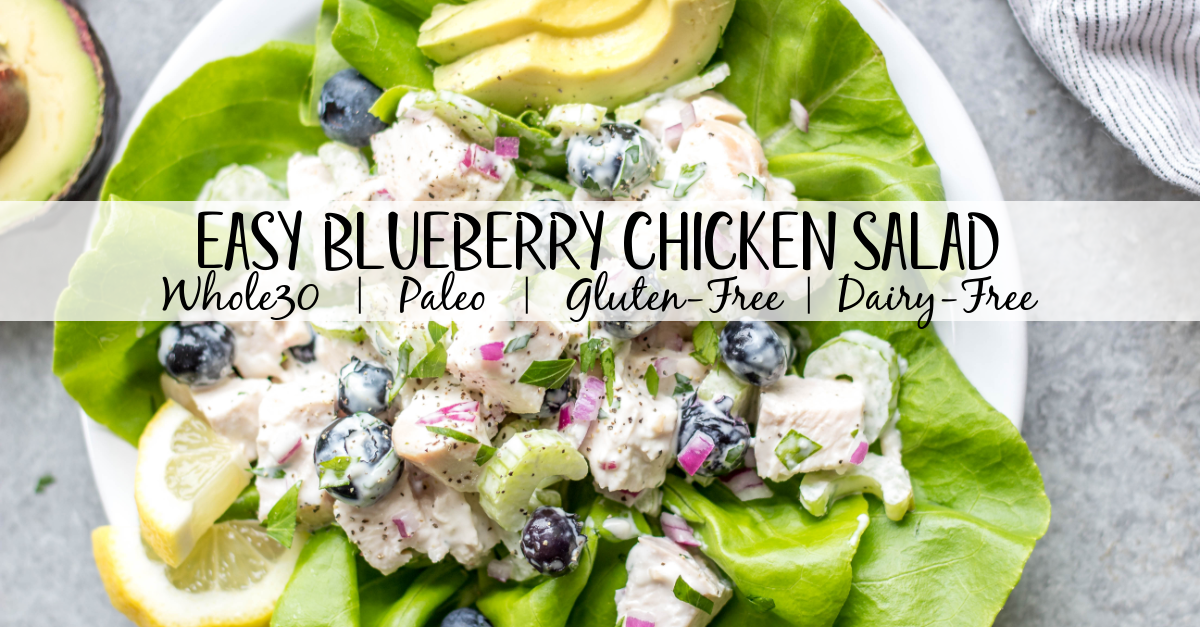 This easy blueberry chicken salad is an easy, healthy salad recipe that's perfect for meal prep lunches or as a way to use leftover chicken. It's Whole30, Paleo, dairy-free and only uses a few simple ingredients. It's great as leftovers, or simple to throw together for gatherings. Made with celery, mayo, pecans and red onion, this Whole30 salad comes together in under 30 minutes! #whole30chickenrecipes #whole30chickensalad #blueberryrecipes #lowcarb #paleochicken