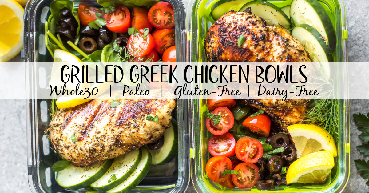 These healthy grilled Greek chicken bowls are perfect for weekday lunches or an easy dinner! Made with only a few simple ingredients, boneless chicken breasts, and fresh vegetables like tomatoes, cucumbers and green pepper, meal prep couldn't be more simple! This grilled chicken is also Whole30, paleo, low carb (keto), and gluten-free. #grilledchicken #whole30greekchicken #paleochicken #ketogrilling #mealprep