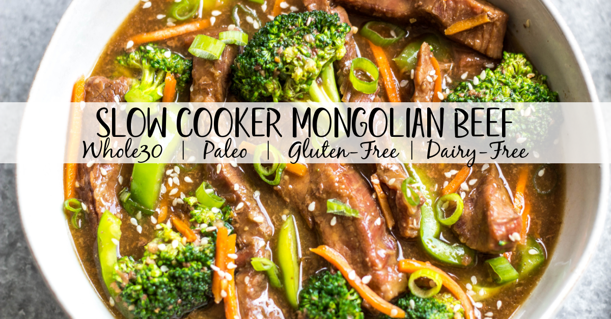 This easy slow cooker Mongolian beef is quick to throw into the crock pot, and is Whole30, Paleo, low carb and gluten-free. It only needs a handful of simple ingredients to make the sauce, along with flank steak, carrots, bell pepper and broccoli for the vegetables. This family friendly meal is perfect for dinner or for a healthy meal prep recipe! #whole30recipes #whole30beef #mongolianbeef #slowcooker #crockpot