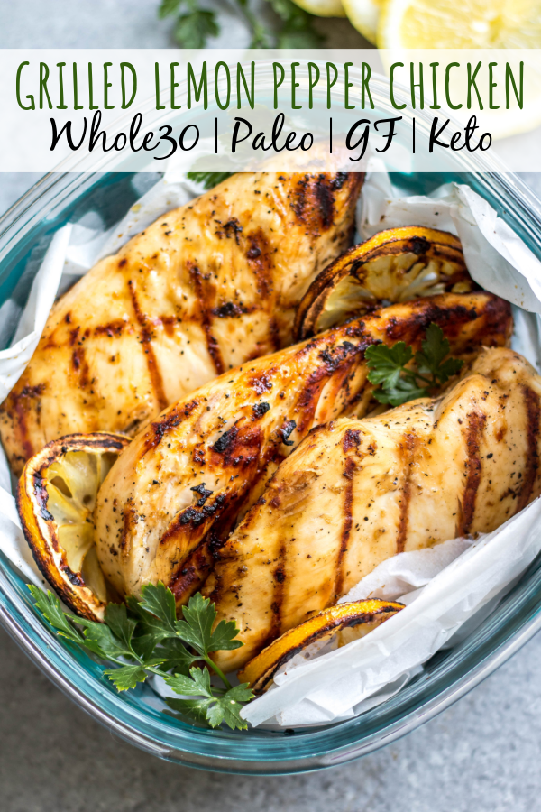 These easy grilled lemon pepper chicken breasts are perfect for a simple weeknight dinner or to meal prep your protein for the week. With only a few ingredients, they cook quickly without much hands on time or dirty dishes. These Whole30 grilled chicken breasts are juicy with a bright lemon flavor that pairs well with a little kick from the pepper. It's a family friendly recipe that is gluten-free, low carb and paleo so they can please a crowd, too! #whole30grilling #grilledchicken #ketochicken #whole30chicken