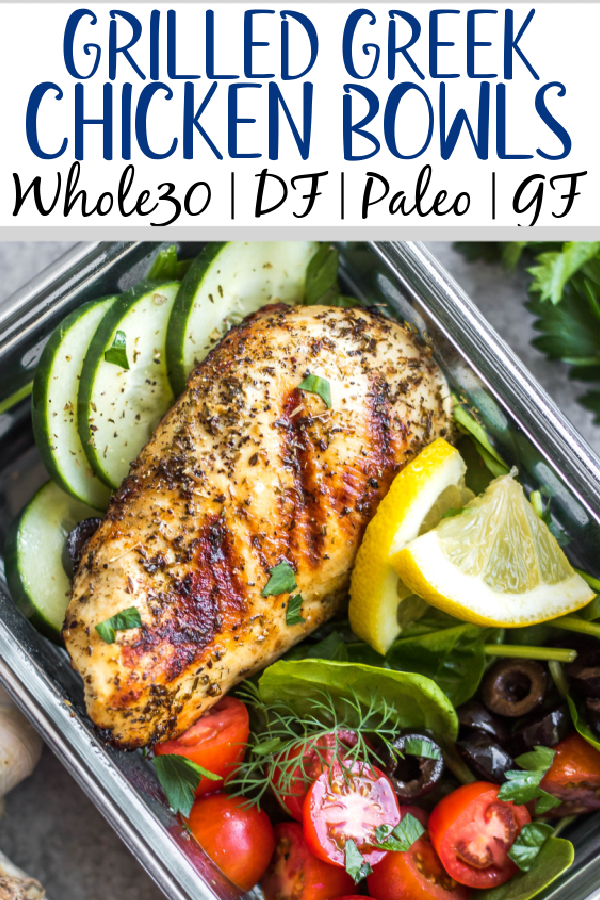 These healthy grilled Greek chicken bowls are perfect for weekday lunches or an easy dinner! Made with only a few simple ingredients, boneless chicken breasts, and fresh vegetables like tomatoes, cucumbers and green pepper, meal prep couldn't be more simple! This grilled chicken is also Whole30, paleo, low carb (keto), and gluten-free. #grilledchicken #whole30greekchicken #paleochicken #ketogrilling #mealprep