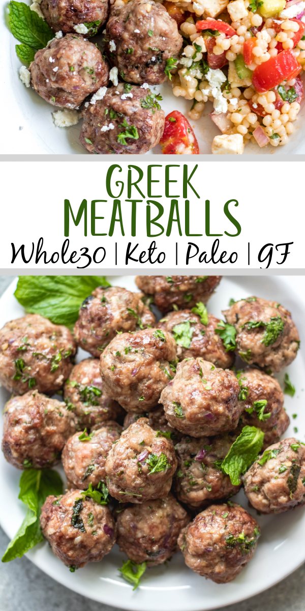 These easy greek meatballs are are a quick weeknight dinner or meal prep recipe that's Whole30, low carb, paleo and gluten-free. They freeze well, are simple to prepare and bake in the oven in under 30 minutes. Using ground beef, ground pork and only a few spices, these healthy meatballs are full of flavor and will be a family favorite! #whole30recipes #meatballrecipes #greekmeatballs #keto #paleo