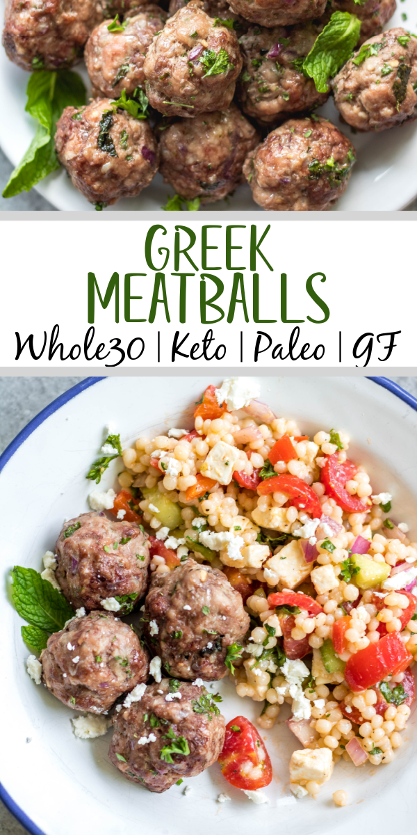 These easy greek meatballs are are a quick weeknight dinner or meal prep recipe that's Whole30, low carb, paleo and gluten-free. They freeze well, are simple to prepare and bake in the oven in under 30 minutes. Using ground beef, ground pork and only a few spices, these healthy meatballs are full of flavor and will be a family favorite! #whole30recipes #meatballrecipes #greekmeatballs #keto #paleo