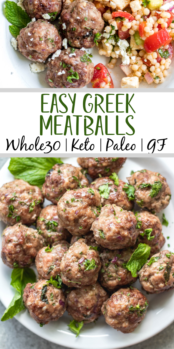 These easy greek meatballs are are a quick weeknight dinner or meal prep recipe that's Whole30, low carb, paleo and gluten-free. They freeze well, are simple to prepare and bake in the oven in under 30 minutes. Using ground beef, ground pork and only a few spices, these healthy meatballs are full of flavor and will be a family favorite! #whole30recipes #meatballrecipes #greekmeatballs #keto #paleo