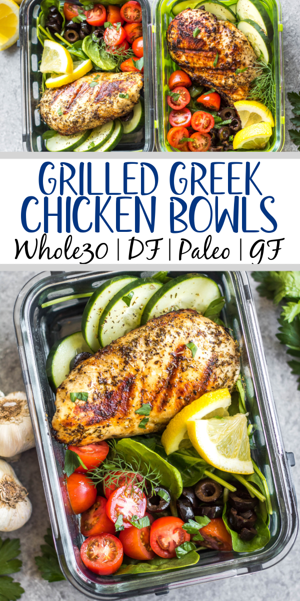 These healthy grilled Greek chicken bowls are perfect for weekday lunches or an easy dinner! Made with only a few simple ingredients, boneless chicken breasts, and fresh vegetables like tomatoes, cucumbers and green pepper, meal prep couldn't be more simple! This grilled chicken is also Whole30, paleo, low carb (keto), and gluten-free. #grilledchicken #whole30greekchicken #paleochicken #ketogrilling #mealprep