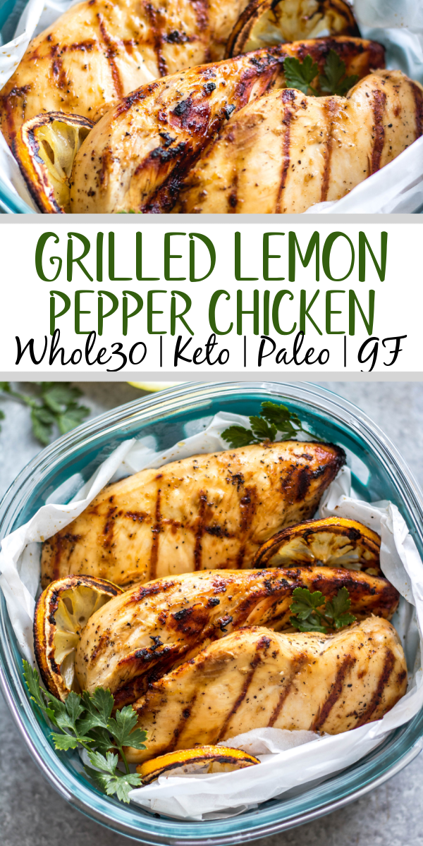 These easy grilled lemon pepper chicken breasts are perfect for a simple weeknight dinner or to meal prep your protein for the week. With only a few ingredients, they cook quickly without much hands on time or dirty dishes. These Whole30 grilled chicken breasts are juicy with a bright lemon flavor that pairs well with a little kick from the pepper. It's a family friendly recipe that is gluten-free, low carb and paleo so they can please a crowd, too! #whole30grilling #grilledchicken #ketochicken #whole30chicken