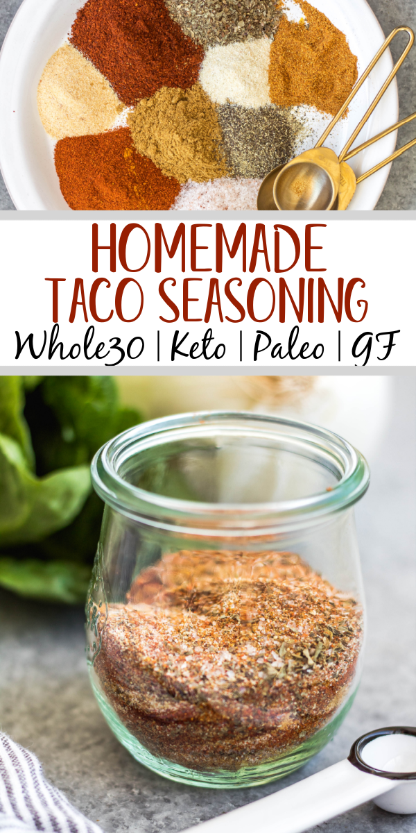 This homemade taco seasoning is an easy DIY way to keep a healthy, sugar-free taco spice mix on hand and ready when you need it. It's Whole30, paleo, low carb and gluten-free, which means anyone you're having taco night with will enjoy! This taco seasoning recipe is mild and family friendly, with the ability to spice it up if you want! Keep this in your pantry for a quick way to add flavor to ground beef, as a dry rub on grilled meat, in fajitas, casseroles and more! #homemadetacoseasoning #whole30tacoseasoning #whole30taco #ketotaco #tacorecipes #tacomeat