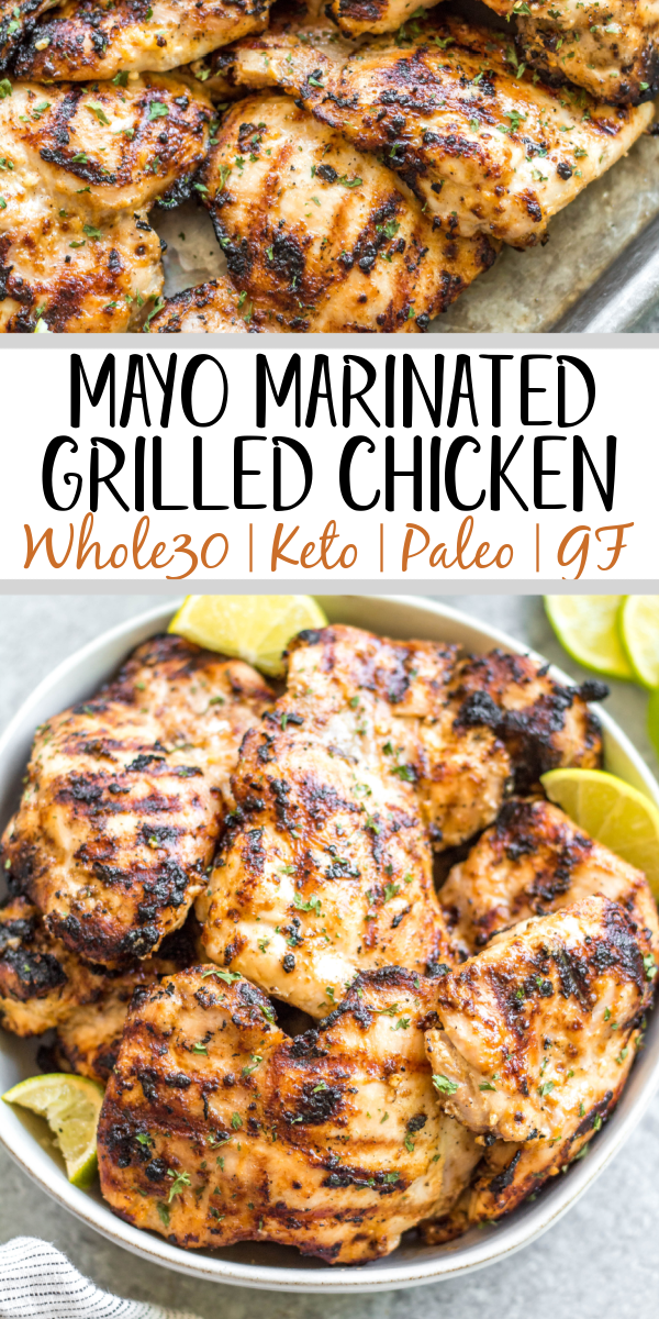 This easy mayo marinated grilled chicken thighs recipe is such a tasty way to grill an easy weeknight dinner or use for a meal prep recipe! This is the best mayo chicken marinade, and leaves the chicken so juicy and full of flavor. This is also a paleo, low carb, Whole30 chicken recipe so everyone in the family can enjoy it! With only a few simple ingredients and under 20 minutes, this will be your new go-to way to grill thighs. #whole30grill #mayomarinade #mayochicken #chickenmarinade #ketochicken