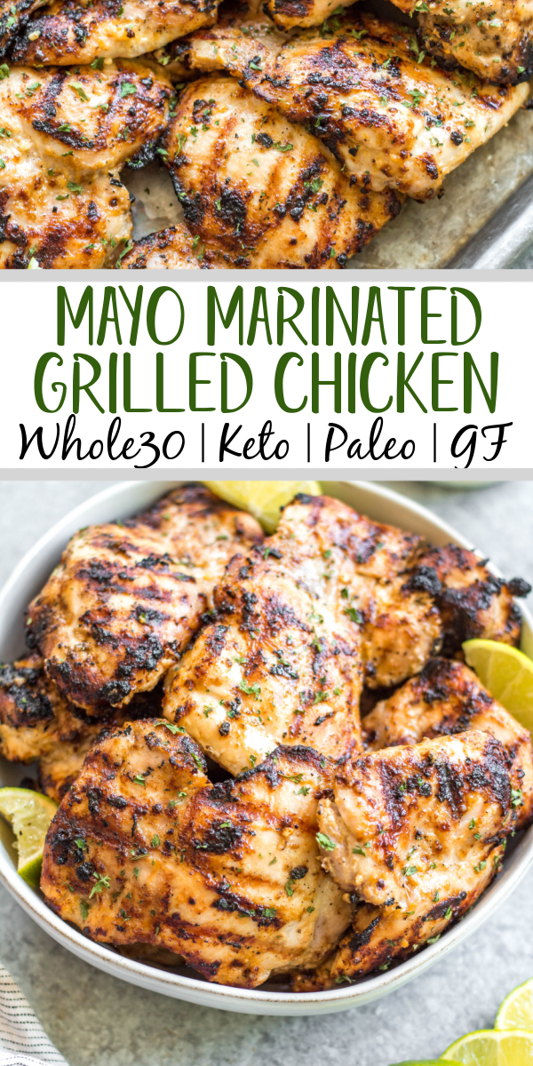 This easy mayo marinated grilled chicken thighs recipe is such a tasty way to grill an easy weeknight dinner or use for a meal prep recipe! This is the best mayo chicken marinade, and leaves the chicken so juicy and full of flavor. This is also a paleo, low carb, Whole30 chicken recipe so everyone in the family can enjoy it! With only a few simple ingredients and under 20 minutes, this will be your new go-to way to grill thighs. #whole30grill #mayomarinade #mayochicken #chickenmarinade #ketochicken