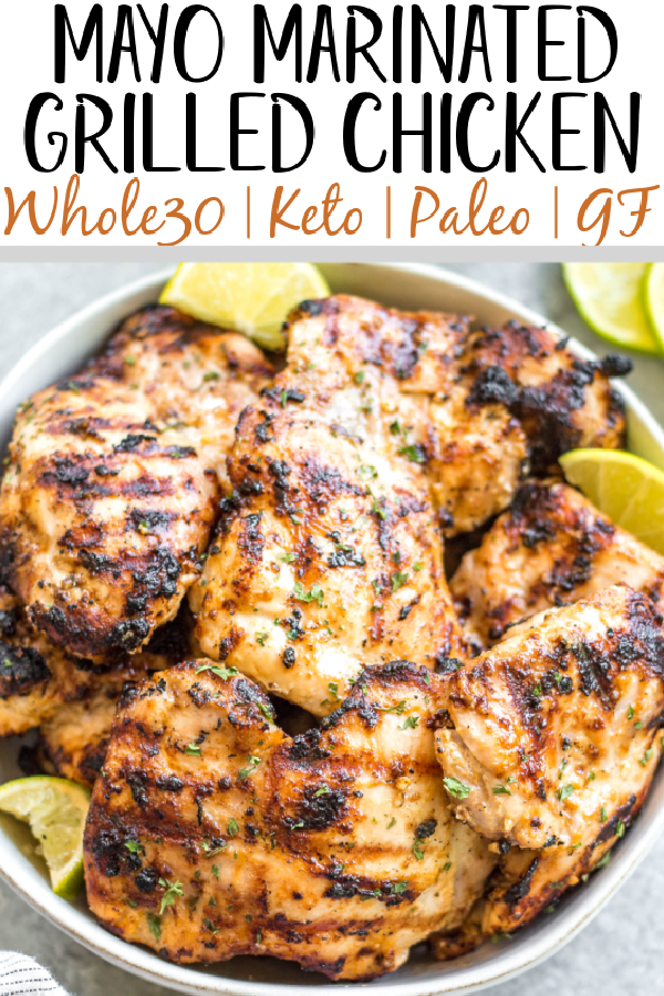 This easy mayo marinated grilled chicken thighs recipe is such a tasty way to grill an easy weeknight dinner or use for a meal prep recipe! This is the best mayo chicken marinade, and leaves the chicken so juicy and full of flavor. This is also a paleo, low carb, Whole30 chicken recipe so everyone in the family can enjoy it! With only a few simple ingredients and under 20 minutes, this will be your new go-to way to grill thighs. #whole30grill #mayomarinade #mayochicken #chickenmarinade #ketochicken