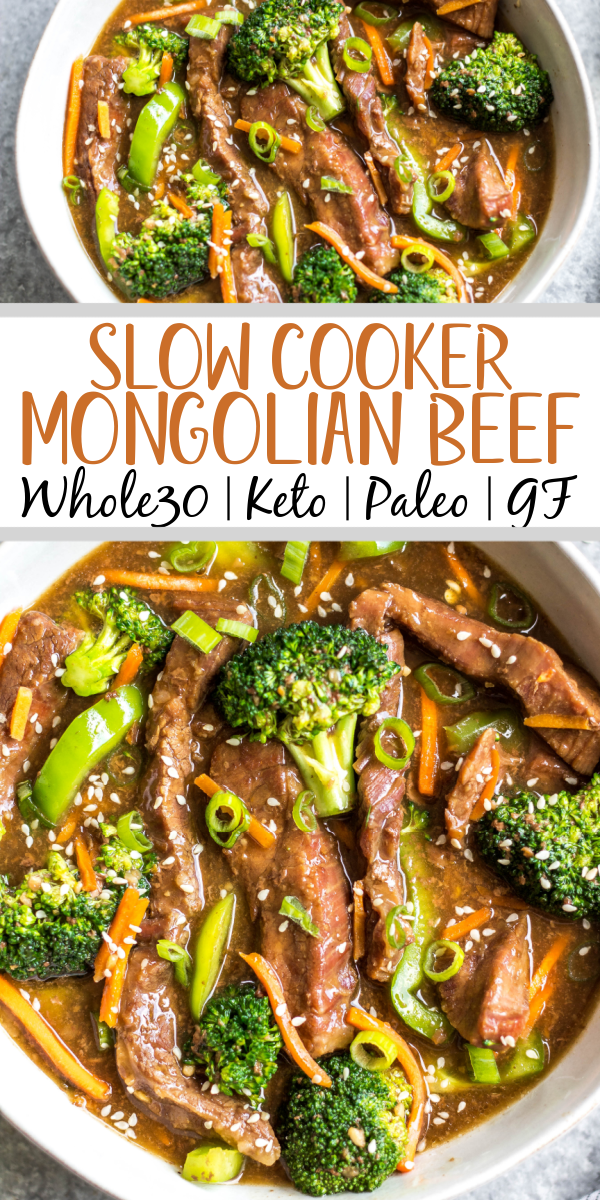 This easy slow cooker Mongolian beef is quick to throw into the crock pot, and is Whole30, Paleo, low carb and gluten-free. It only needs a handful of simple ingredients to make the sauce, along with flank steak, carrots, bell pepper and broccoli for the vegetables. This family friendly meal is perfect for dinner or for a healthy meal prep recipe! #whole30recipes #whole30beef #mongolianbeef #slowcooker #crockpot