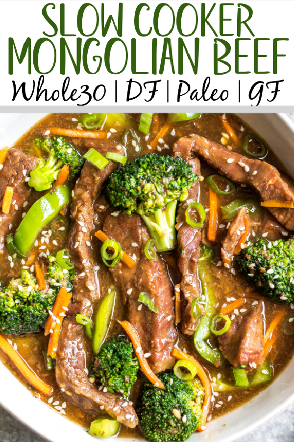 This easy slow cooker Mongolian beef is quick to throw into the crock pot, and is Whole30, Paleo, low carb and gluten-free. It only needs a handful of simple ingredients to make the sauce, along with flank steak, carrots, bell pepper and broccoli for the vegetables. This family friendly meal is perfect for dinner or for a healthy meal prep recipe! #whole30recipes #whole30beef #mongolianbeef #slowcooker #crockpot