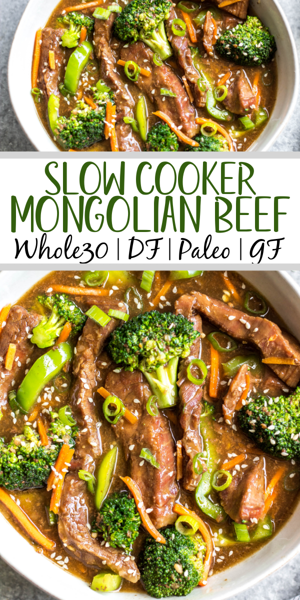 This easy slow cooker Mongolian beef is quick to throw into the crock pot, and is Whole30, Paleo, low carb and gluten-free. It only needs a handful of simple ingredients to make the sauce, along with flank steak, carrots, bell pepper and broccoli for the vegetables. This family friendly meal is perfect for dinner or for a healthy meal prep recipe! #whole30recipes #whole30beef #mongolianbeef #slowcooker #crockpot