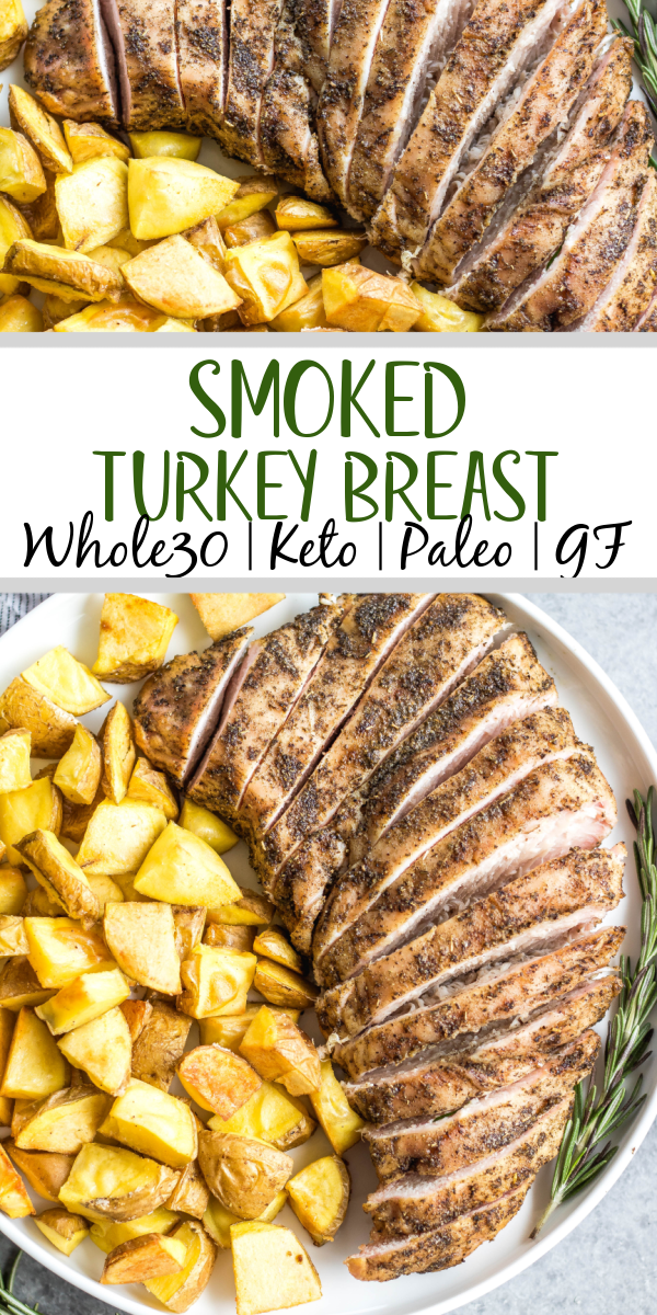 This healthy smoked boneless turkey breast recipe is so easy, needs only a few ingredients, and is a great lean protein that's also Whole30, paleo, gluten-free and low carb/keto. It's perfect for a family friendly weeknight dinner or great for meal prepping. Pair it with a few vegetable sides or use it in a salad, you can't go wrong with this smoker turkey recipe! #whole30turkey #lowcarbturkey #smokedturkey #smokerrecipes #thanksgiving #healthyturkeyrecipes #keto