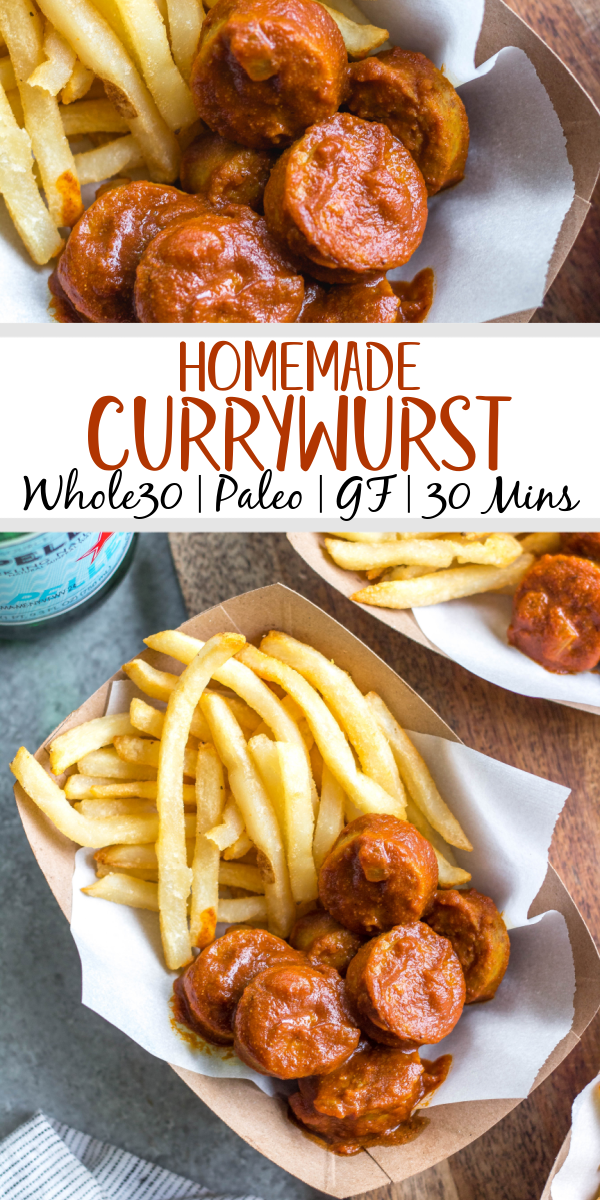 This homemade currywurst is a German street food staple. This version, while much like the traditional one, is sugar-free, Whole30 and paleo! You'll love it because it's such a burst of flavor, comforting, and cooks in under 30 minutes. It also only requires very few ingredients, making it perfect for lunch or an easy weeknight dinner recipe. #whole30germanrecipes #germanfood #whole30pork #paleopork #bratrecipes #lunchrecipes