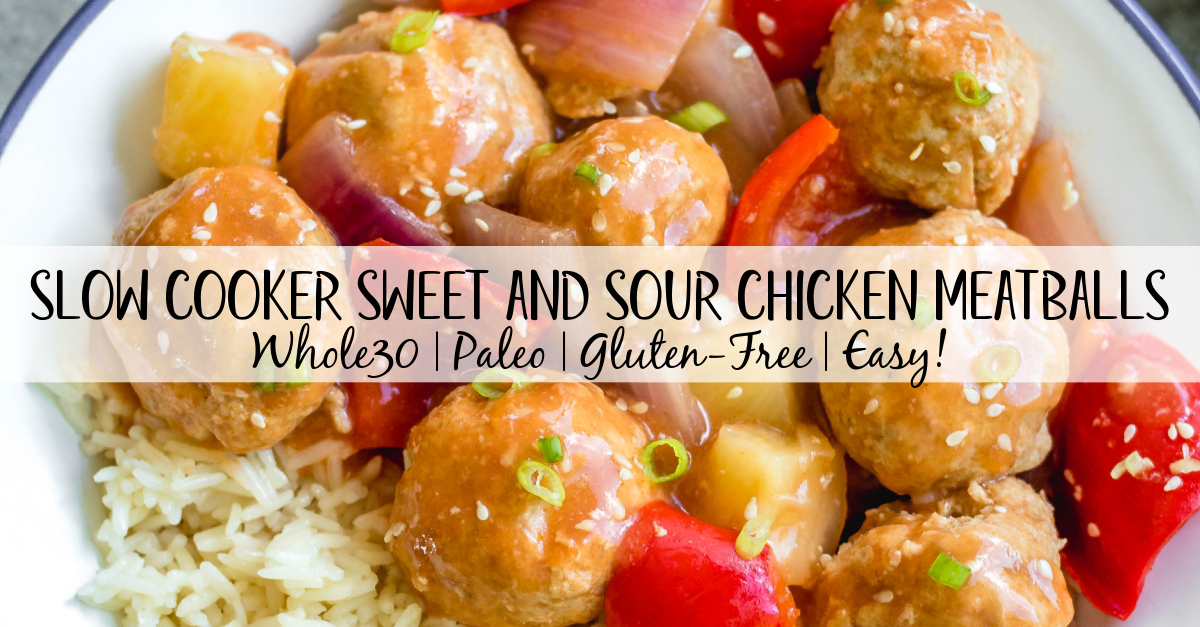 These sweet and sour chicken meatballs are made in the slow cooker, and are paleo, gluten-free and easily made Whole30! It takes less than 20 minutes to prepare, and then the crock pot does the cooking for you. These Whole30 meatballs are perfect for a weeknight dinner, or meal prep for easy, healthy lunches. It's a family friendly recipe that has the flavors you love from your favorite Chinese takeout! #whole30recipes #whole30slowcooker #crockpot #sweetandsour #chickenrecipes