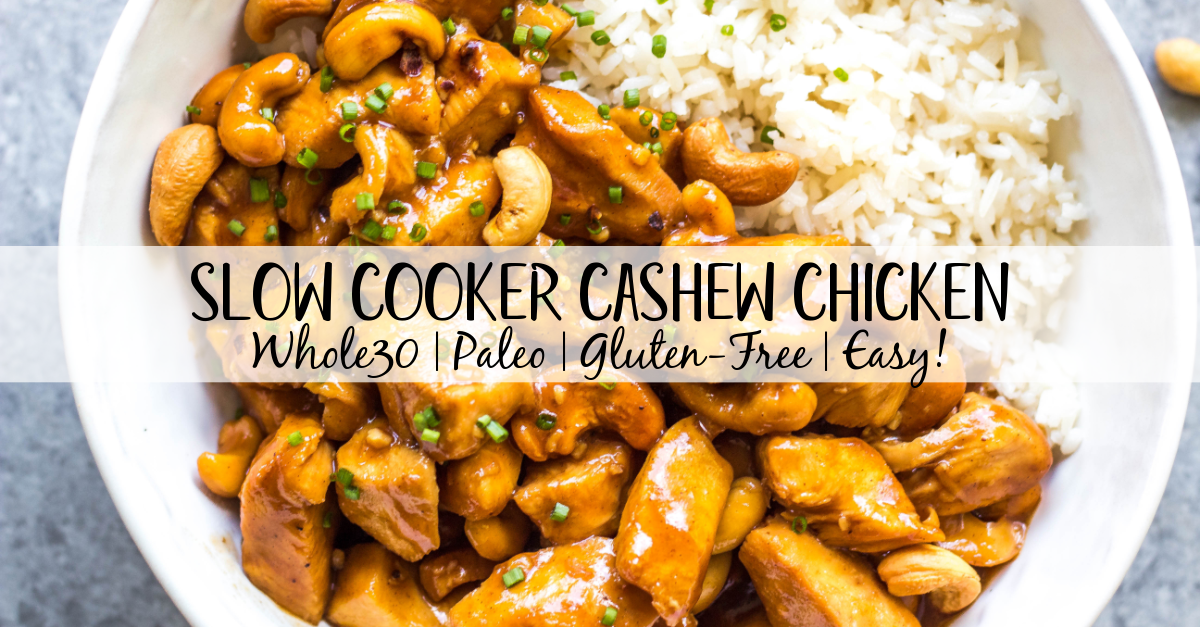 This slow cooker cashew chicken is an easy, healthy dinner or meal prep recipe. It's Whole30, paleo, gluten-free and soy-free, and only needs 10 minutes of prep work to dice chicken and make an easy sauce. The crockpot does the rest of the work, and you get a family friendly meal that's quick and simple to clean up. Paired with a vegetable side, this is the perfect go-to for a busy weeknight! #whole30slowcooker #cashewchicken #whole30chicken #glutenfreechicken #slowcookerrecipes #healthycashewchicken